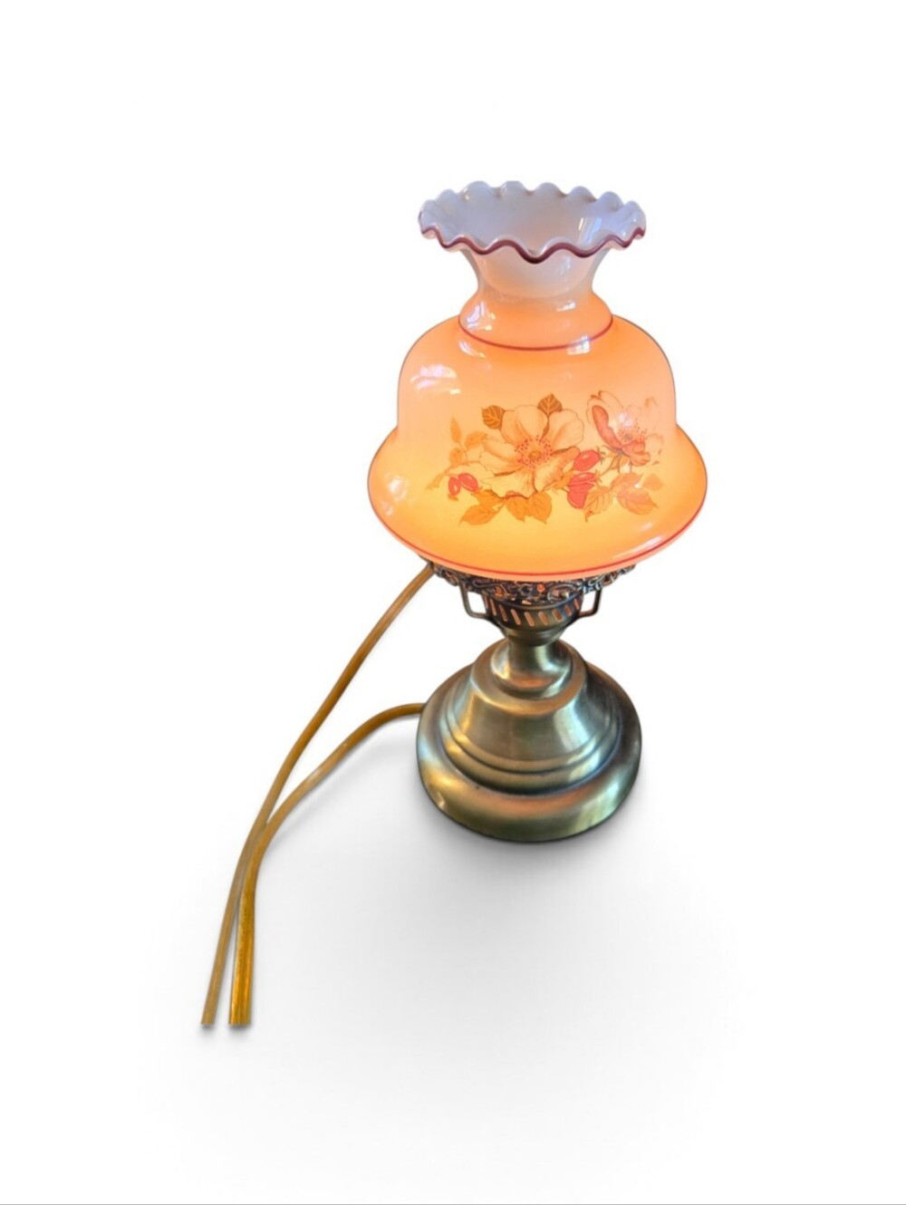 Vintage Mini Parlor Lamp Ruffled Peach/ Brown Glass Floral Shade Brass 10"